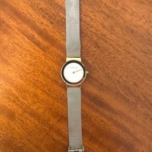Skagen silver wristband watch with gold face